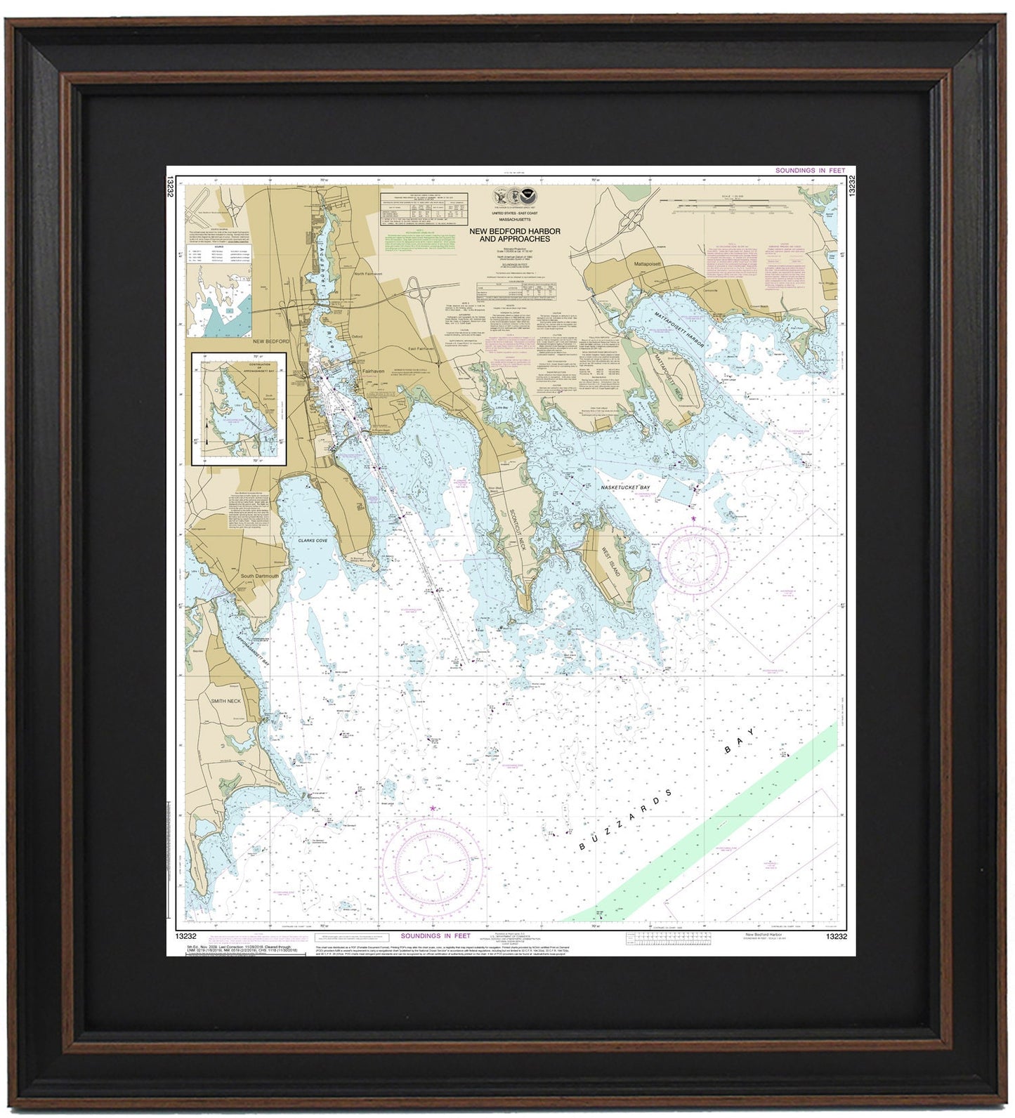 Framed Nautical Chart 13232 - New Bedford Harbor. NOAA 13232. Handmade in the USA.