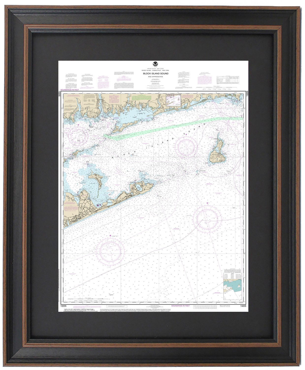 Framed Nautical Chart 13205 - Block Island Sound. NOAA 13205. Handmade in the USA.