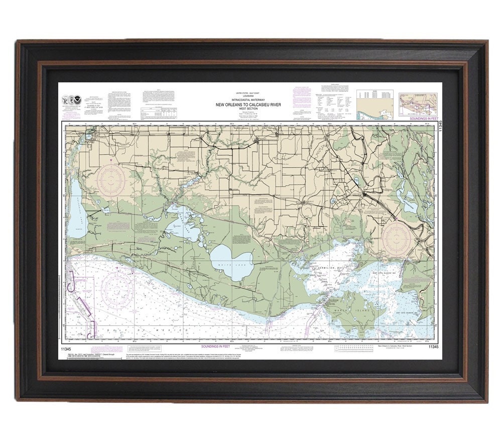 Framed Nautical Chart 11345 - New Orleans to Calcasieu River. NOAA 11345. Handmade in the USA.