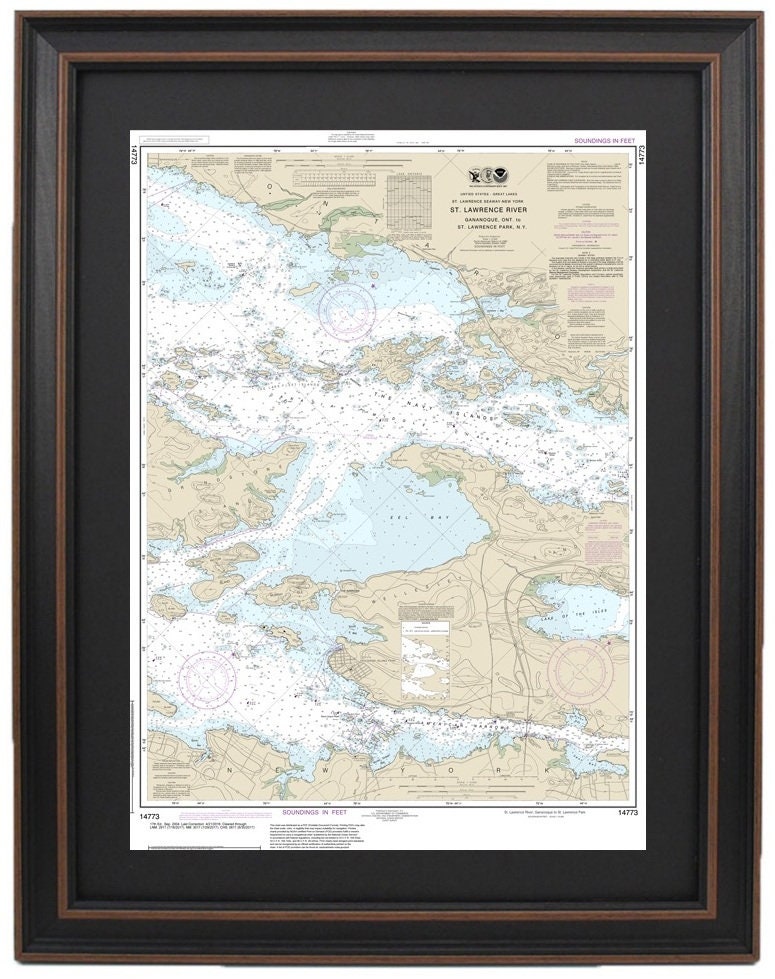 Framed Nautical Chart 14773 - Gananoque, Ontario to St. Lawrence Park, NY. NOAA 14773. Handmade in the USA.