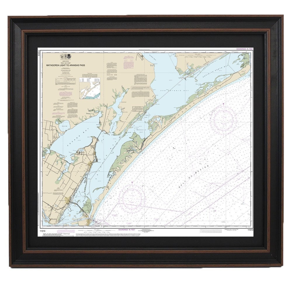 Framed Nautical Chart 11313 - Matagorda Light to Aransas Pass. NOAA 11313. Handmade in the USA.