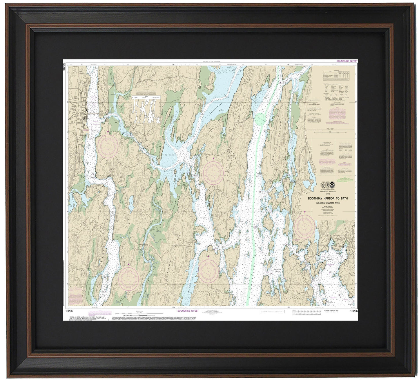 Framed Nautical Chart 13296 - Boothbay Harbor to Bath, Maine. NOAA 13296. Handmade in the USA.
