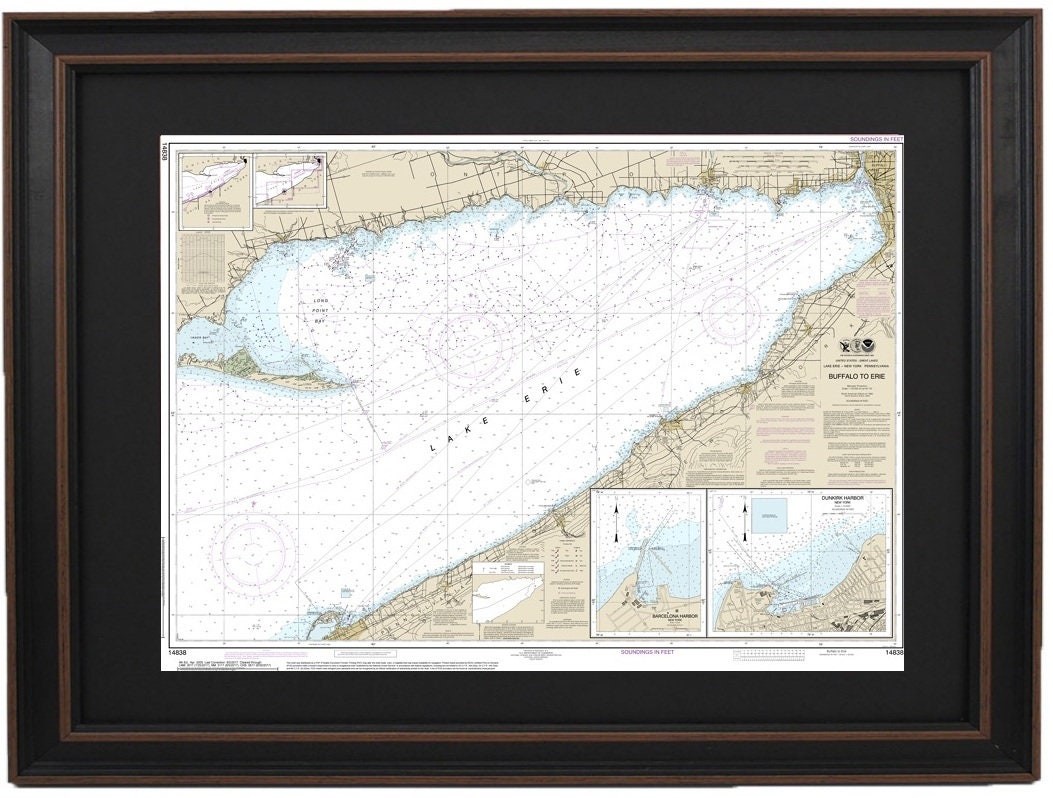 Framed Nautical Chart 14838 - Buffalo to Erie. Dunkirk. Barcelone Harbor, Lake Erie. NOAA 14838. Handmade in the USA.