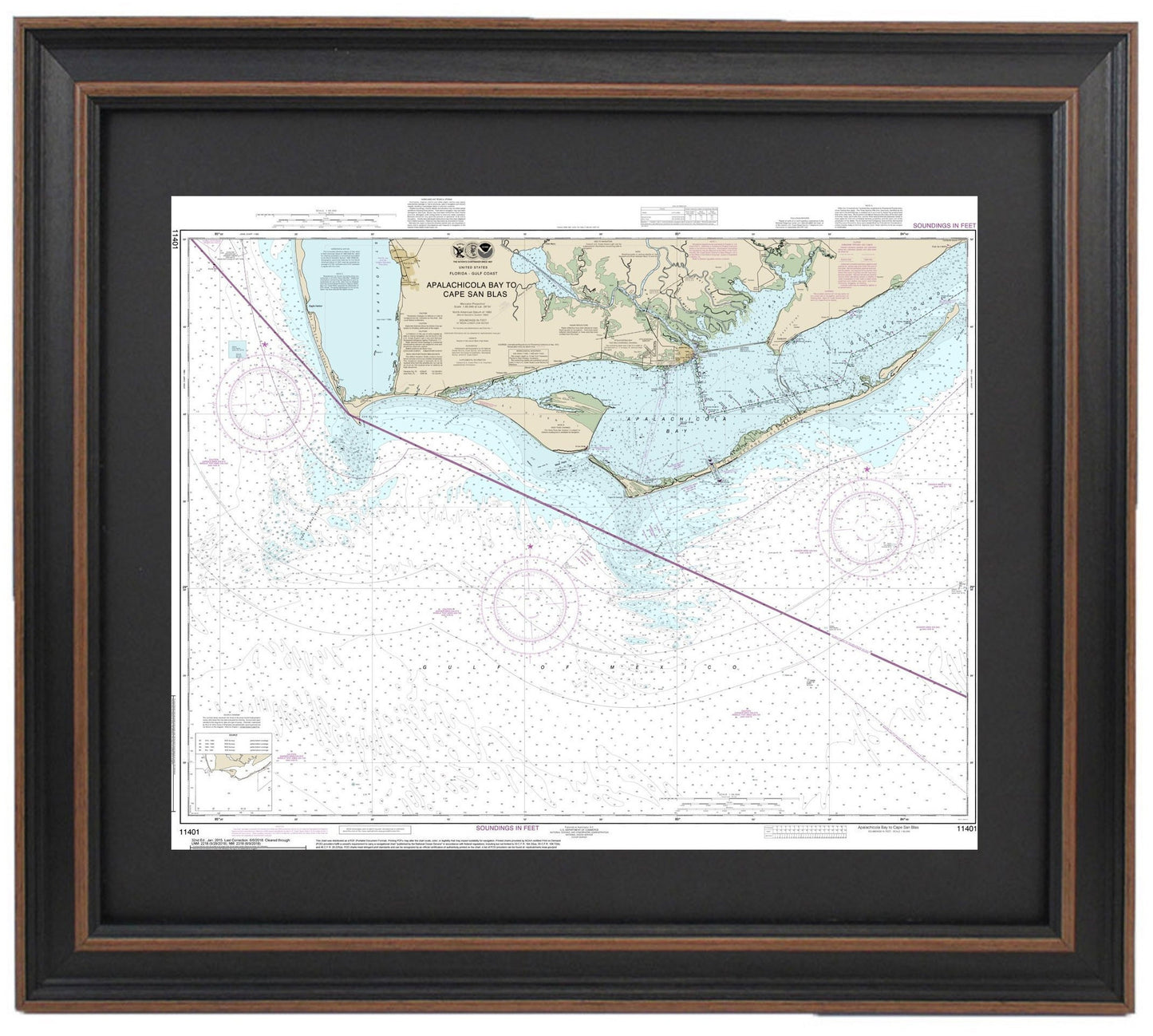 Framed Nautical Chart 11401 - Apalachicola Bay to Cape San Blas. NOAA 11401. Handmade in the USA.
