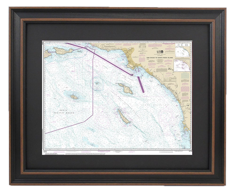 Framed Nautical Chart 18740 - San Diego to Santa Rosa Island. NOAA 18740. Handmade in the USA.