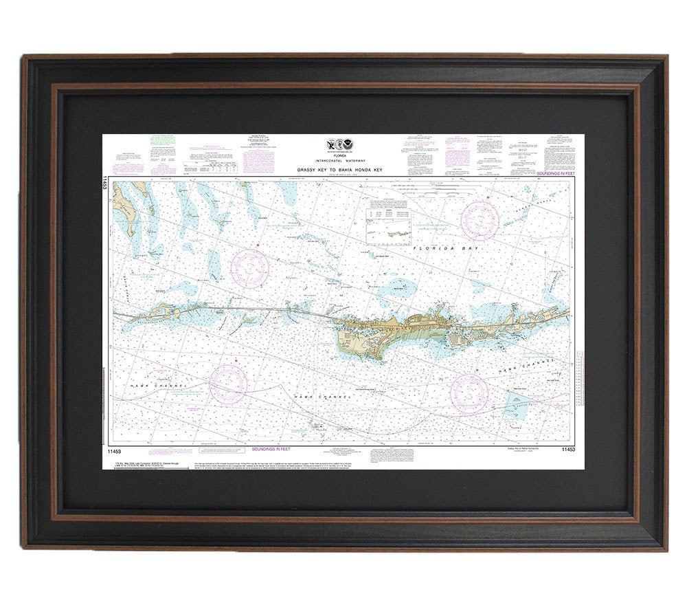 Framed Nautical Chart 11453 - Grassy Key to Bahia Honda Key. NOAA 11453. Handmade in the USA.