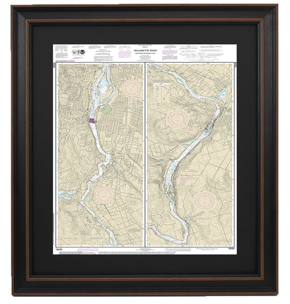 Framed Nautical Chart 18528 - Willamette River. Portland to Walnut Eddy. NOAA 18528. Handmade in the USA.
