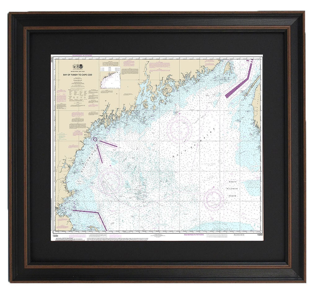 Framed Nautical Chart 13260 - Bay of Fundy to Cape Cod. NOAA 13260. Handmade in the USA.