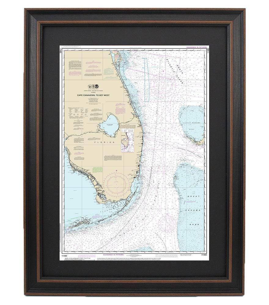 Framed Nautical Chart 11460 - Cape Canaveral to Key West. NOAA 11460. Handmade in the USA.