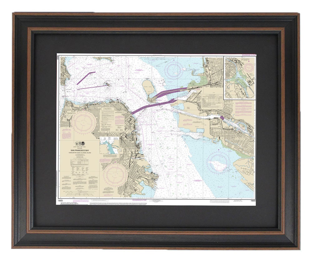Framed Nautical Chart 18650 - San Francisco Bay Candlestick Point to Angel Island. NOAA 18650. Handmade in the USA.