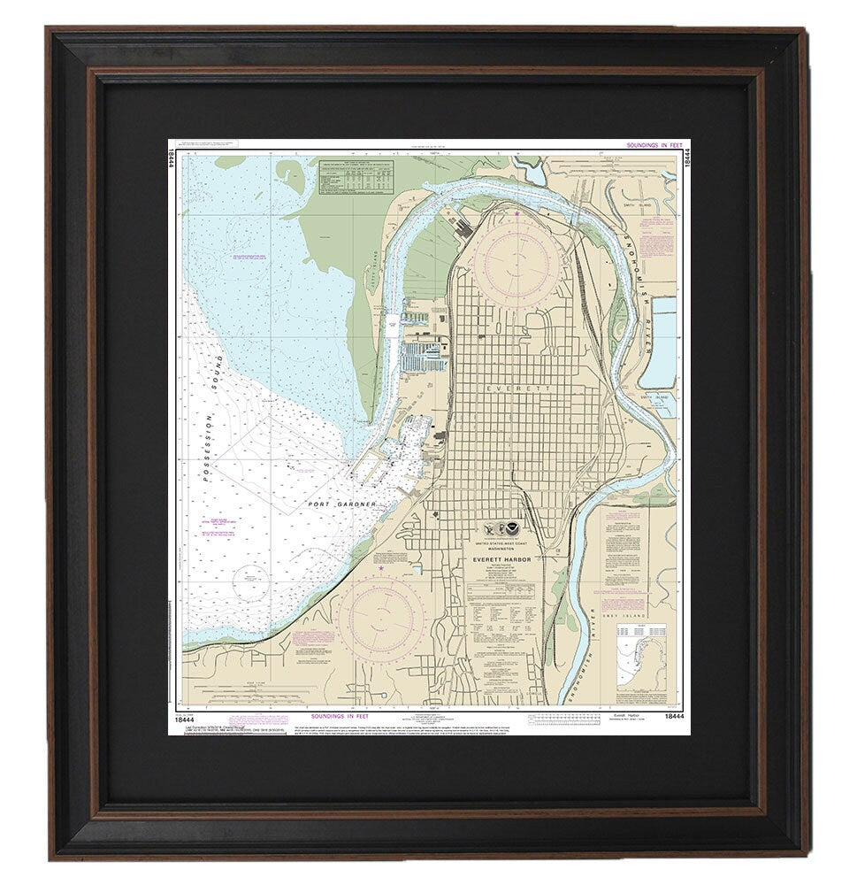 Framed Nautical Chart 18444 - Everett Harbor. NOAA 18444. Handmade in the USA.