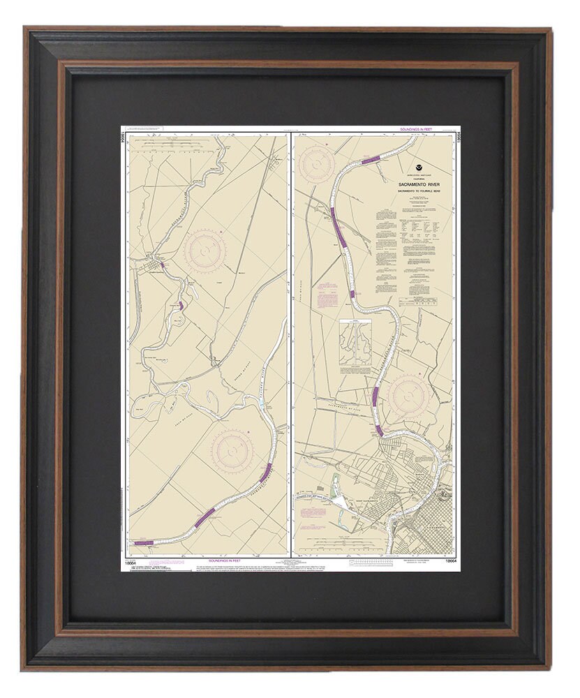 Framed Nautical Chart 18664 - Sacramento River. Sacramento to Fourmile Bend. NOAA 18664. Handmade in the USA.