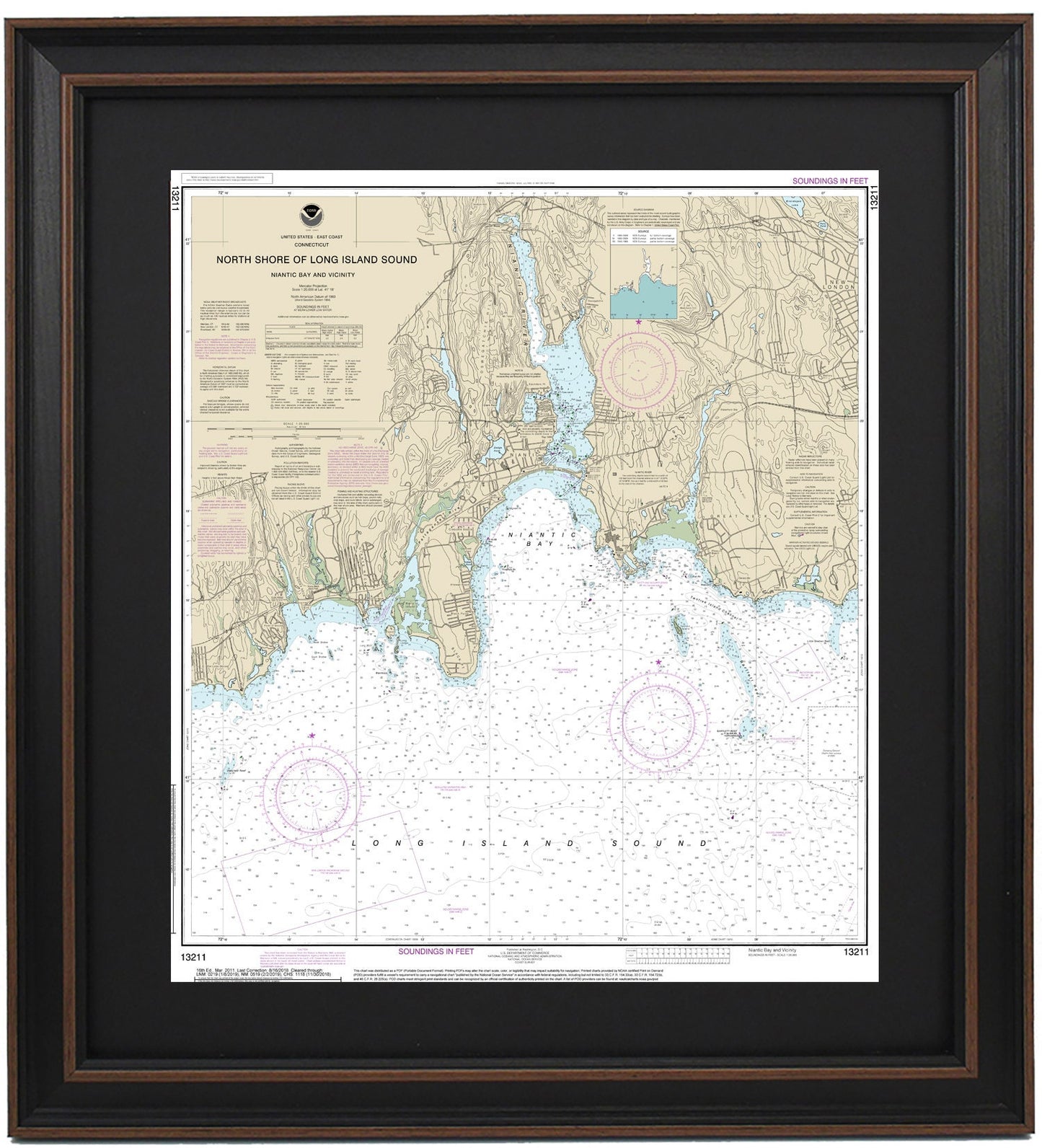 Framed Nautical Chart 13211 - North Shore Long Island Sound. Niantic Bay and Vicinity. NOAA 13211. Handmade in the USA.