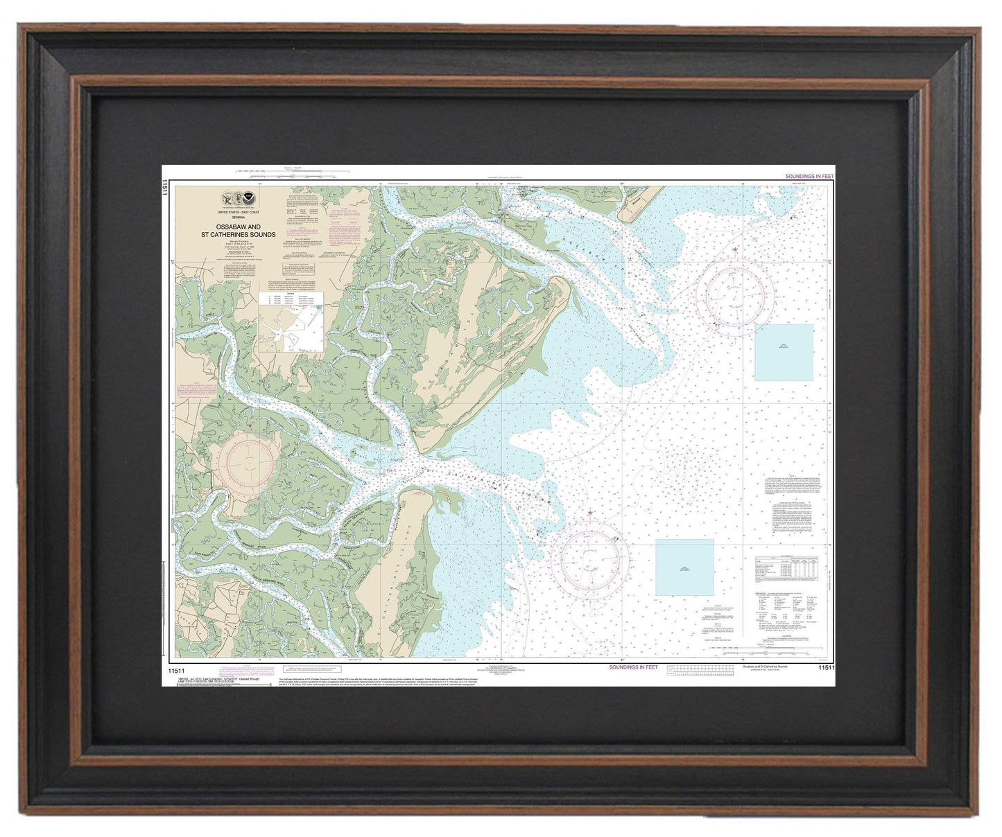 Framed Nautical Chart 11511 - Ossabaw and St. Catherines Sounds. NOAA 11511. Handmade in the USA.