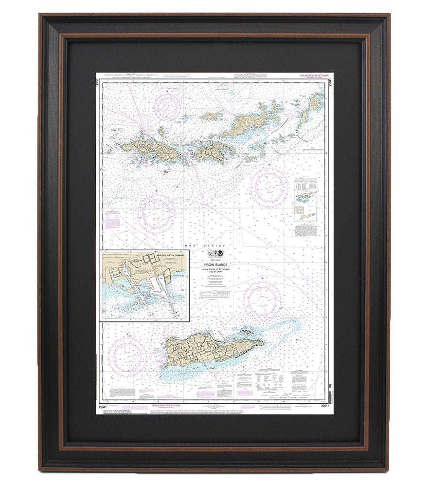 Framed Nautical Chart 25641 - Virgin Islands, Virgin Gorda to St. Thomas and St. Croix. Krause Lagoon Channel. NOAA 25641.