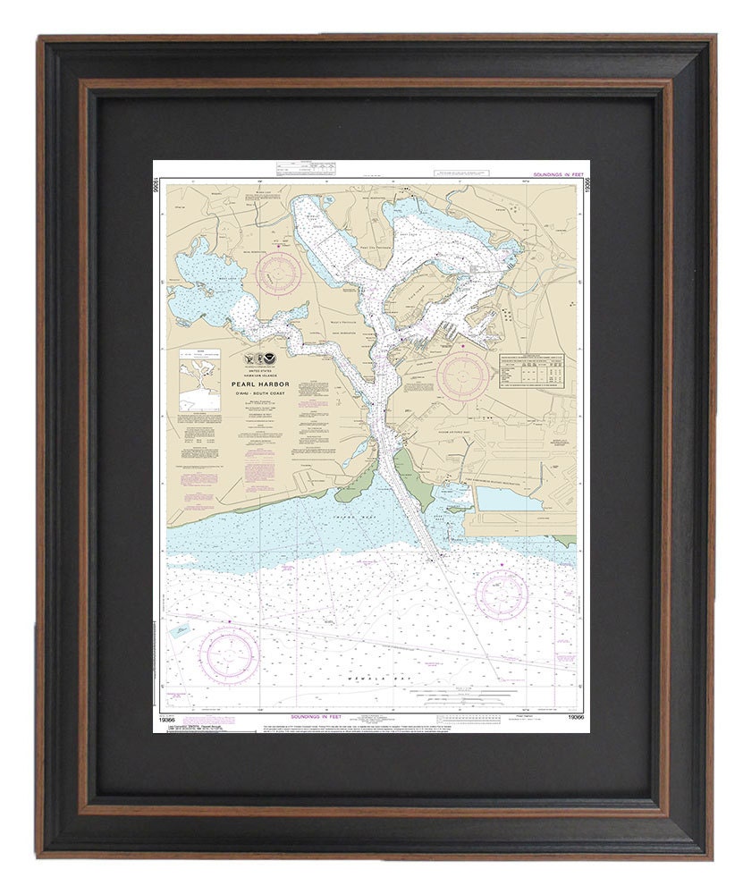 Framed Nautical Chart 19366 - Pearl Harbor Oahu South Coast. NOAA 19366. Handmade in the USA.