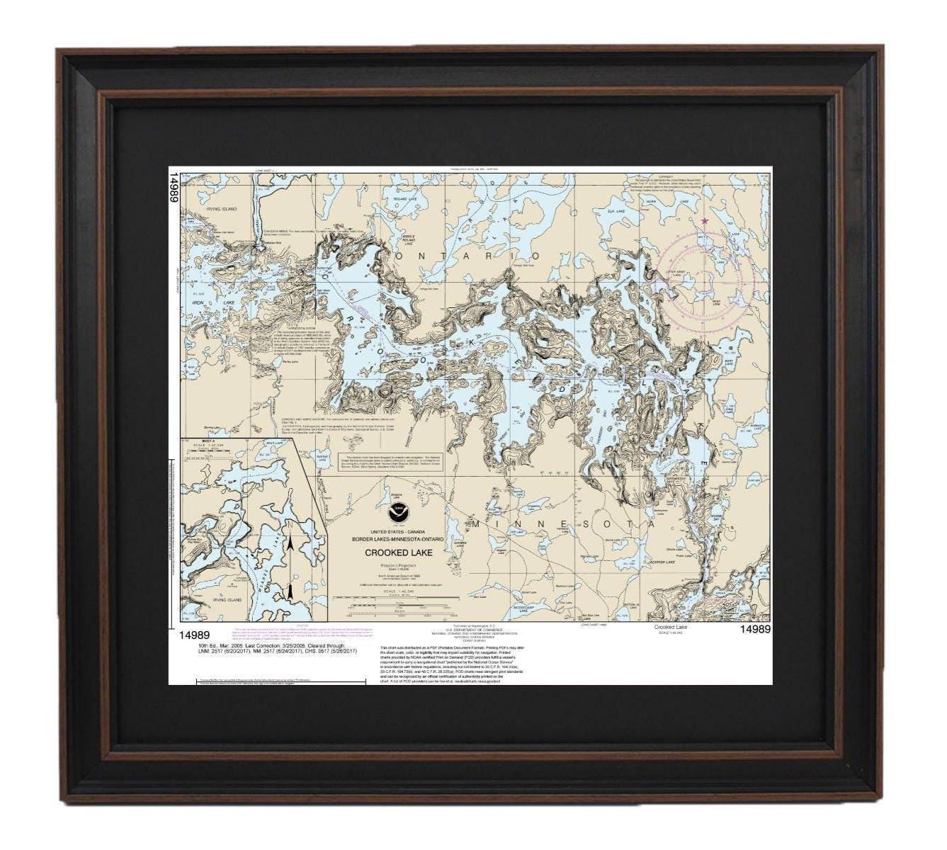 Framed Nautical Chart 14989 - Crooked Lake, Minnesota. NOAA 14989. Handmade in the USA.
