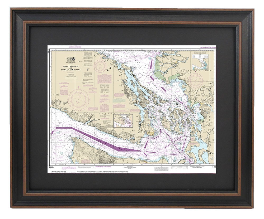 Framed Nautical Chart 18400 - Strait of Georgia and Strait of Juan de Fuca. NOAA 18400. Handmade in the USA.