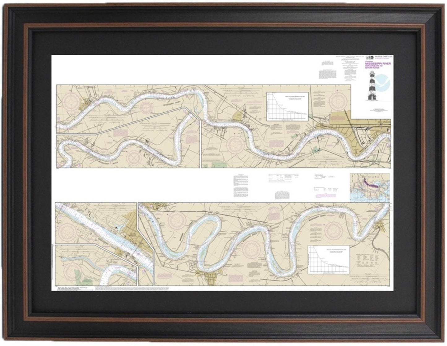 Framed Nautical Chart 11370 - Mississippi River. New Orleans to Baton Rouge. NOAA 11370. Handmade in the USA.