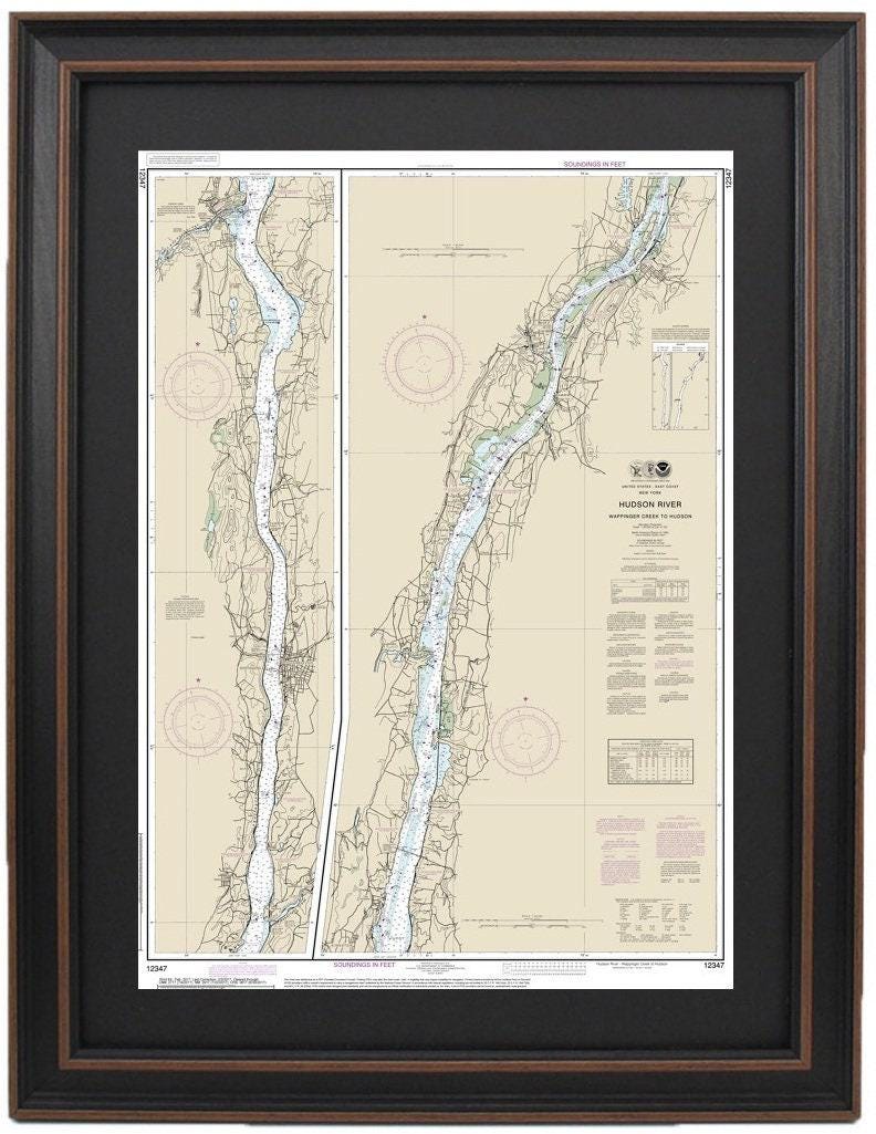Framed Nautical Chart 12347 - Hudson River. Wappinger Creek to Hudson, NY. NOAA 12347. Handmade in the USA.