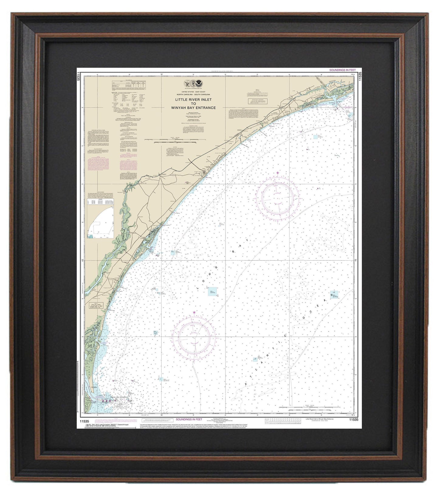 Framed Nautical Chart 11535 - Little River Inlet to Winyah Bay Entrance. NOAA 11535. Handmade in the USA.