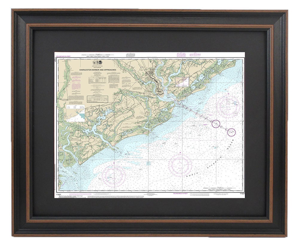 Framed Nautical Chart 11521 - Charleston Harbor and Approaches. NOAA 11521. Handmade in the USA.