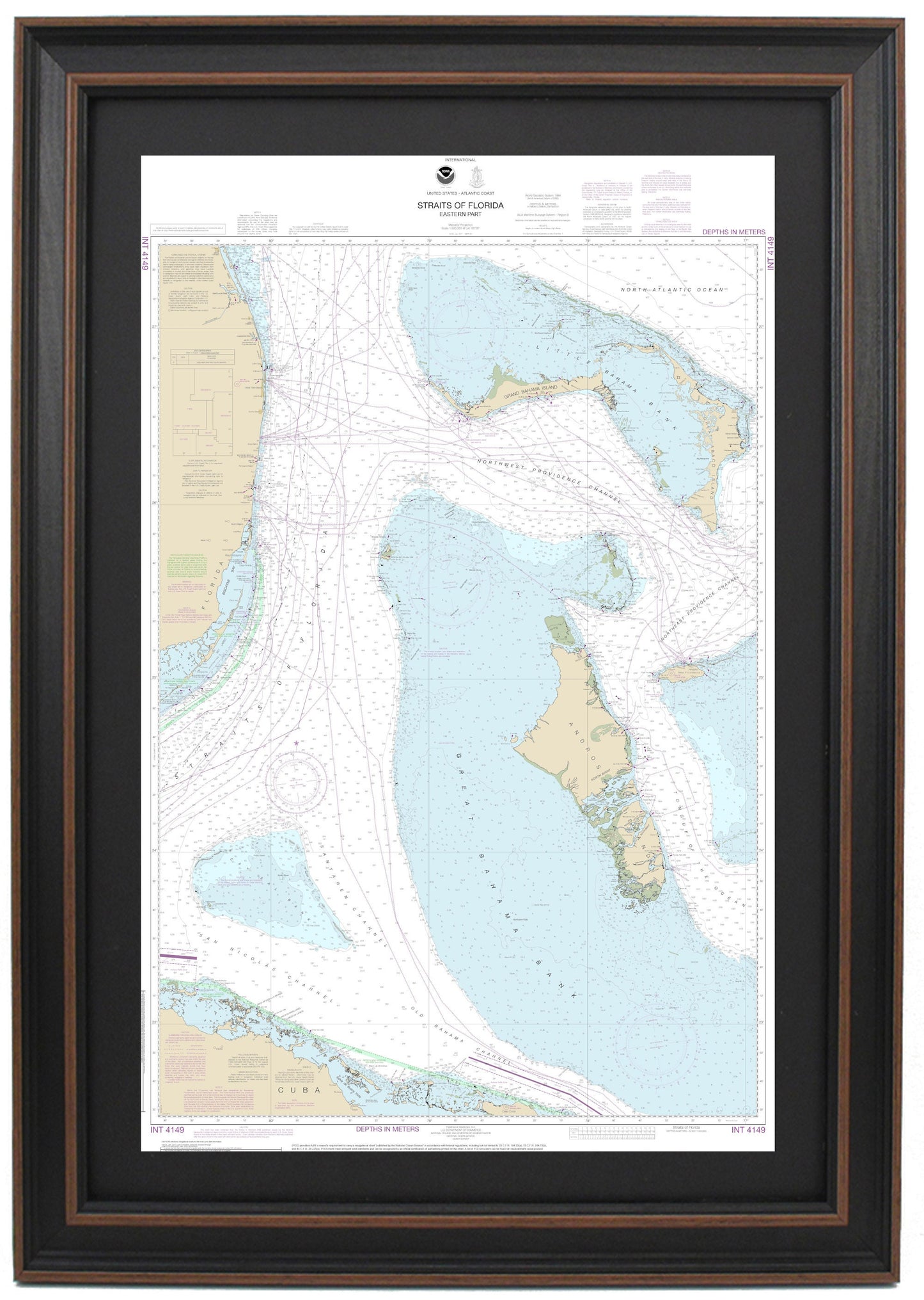 Framed Nautical Chart 4149 - Straits of Florida, Eastern Part (The Bahamas). NOAA 4149. Handmade in the USA.
