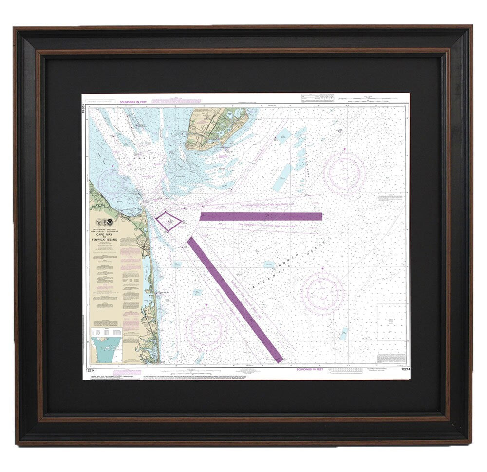 Framed Nautical Chart 12214 - Cape May to Fenwick Island. NOAA 12214. Handmade in the USA.