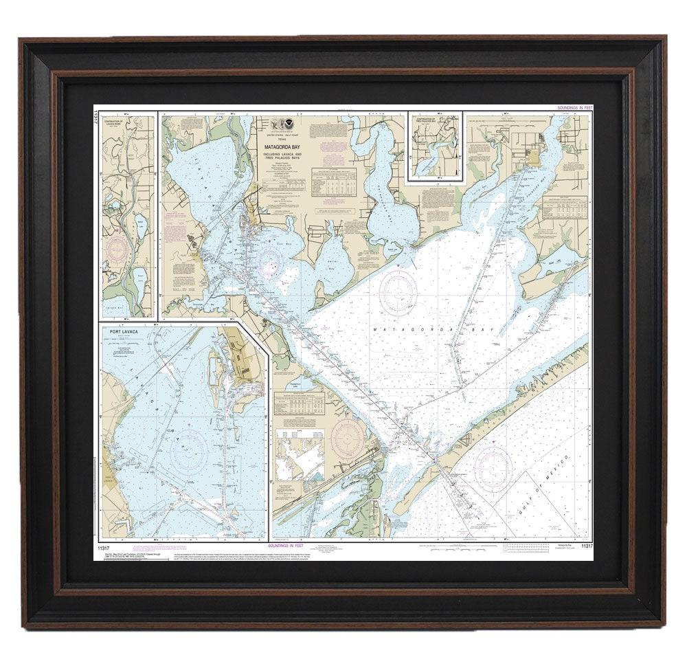 Framed Nautical Chart 11317 - Matagorda Bay. NOAA 11317. Handmade in the USA.
