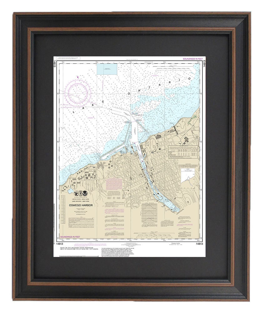 Framed Nautical Chart 14813 - Oswego Harbor. NOAA 14813. Handmade in the USA.