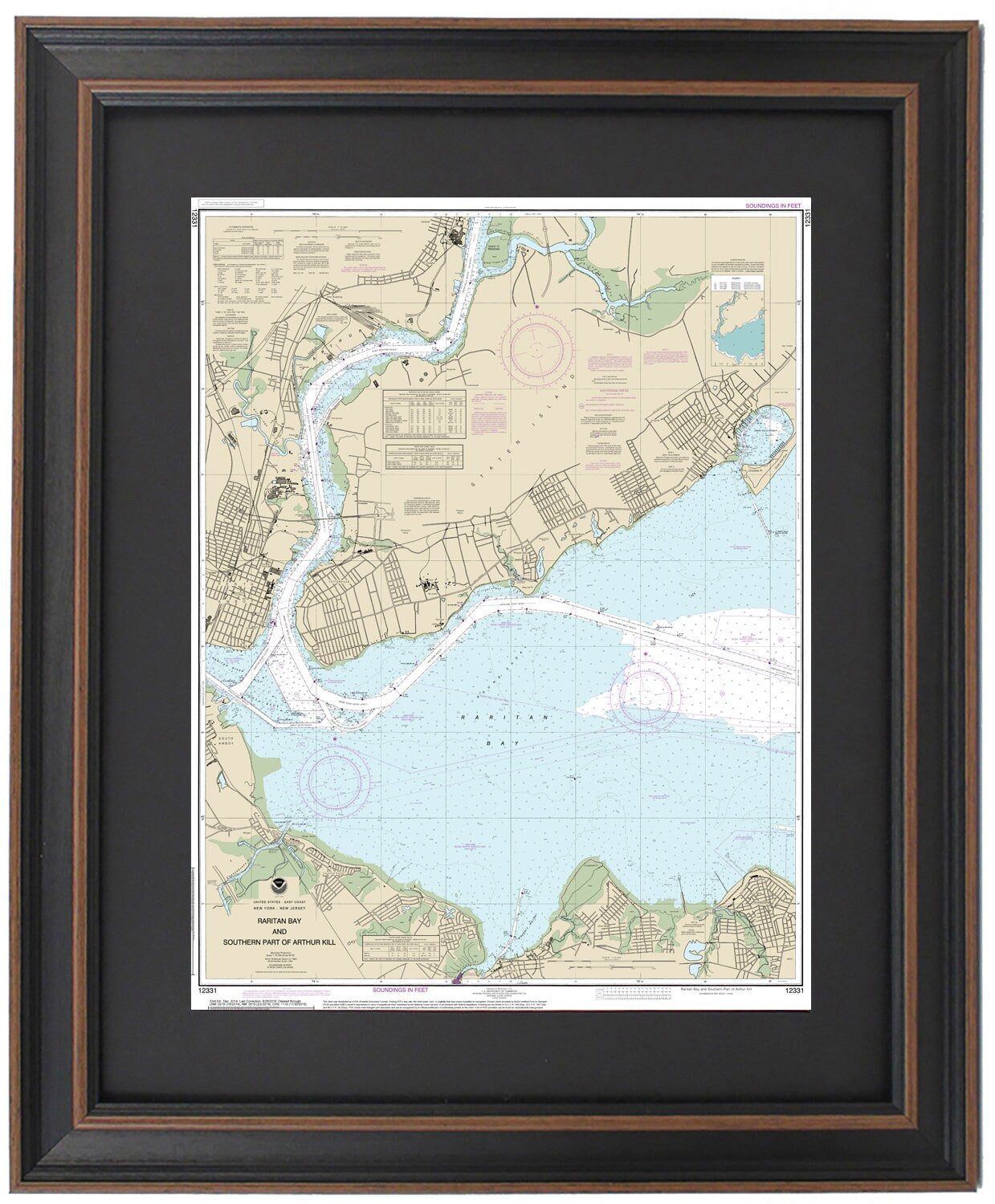 Framed Nautical Chart 12331 - Raritan Bay. NOAA 12331. Handmade in the USA.