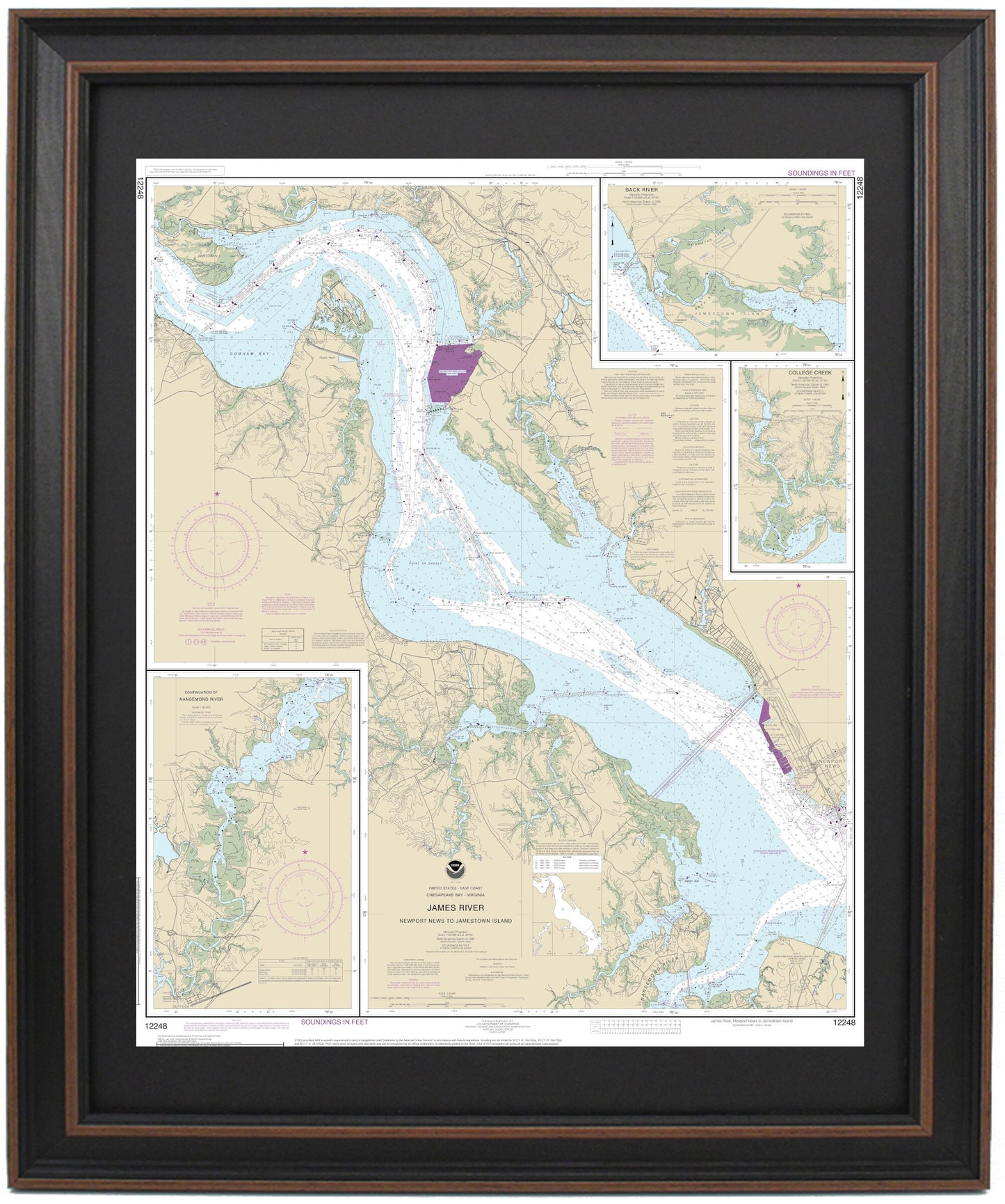 Framed Nautical Chart 12248 - James River, Newport News to Jamestown Island, NOAA 12248. Handmade in the USA.