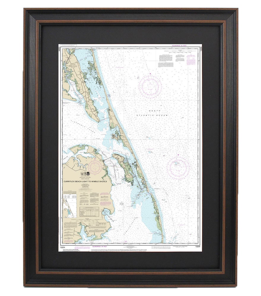Framed Nautical Chart 12204 - Outer Banks. Currituck Beach Light to Wimble Shoals. NOAA 12204. Handmade in the USA.