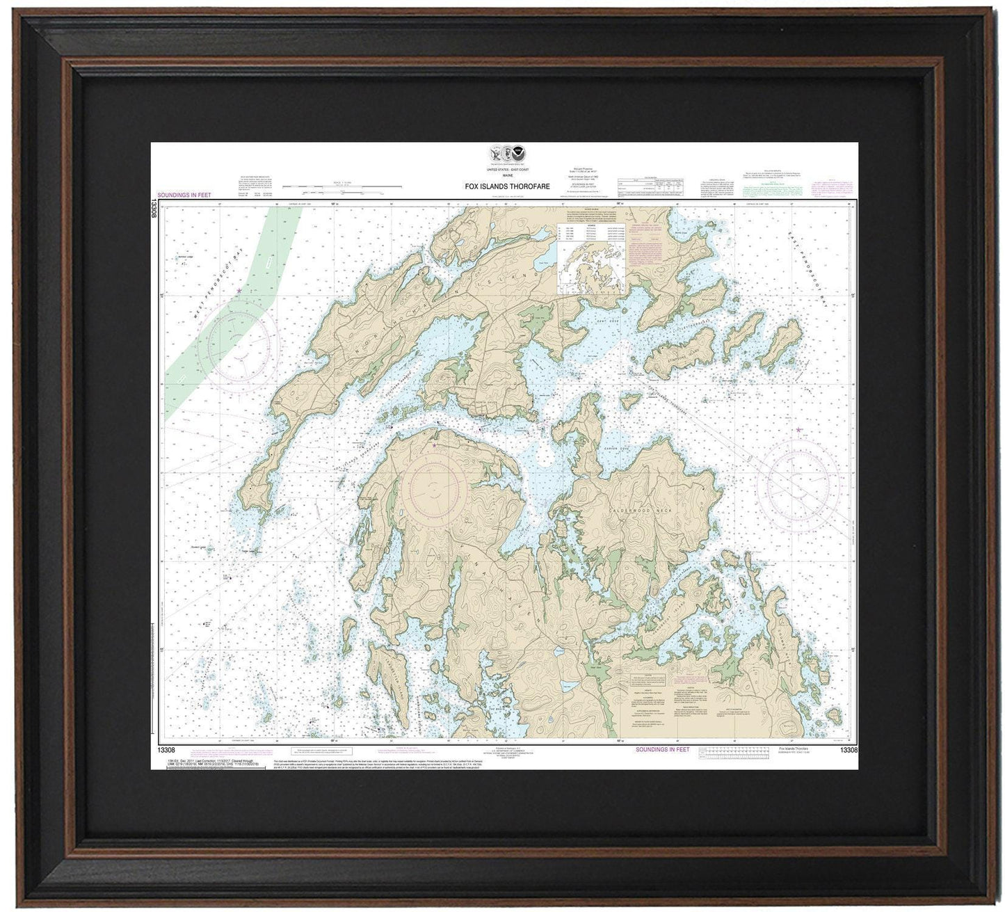 Framed Nautical Chart 13308 - Fox Islands. Vinalhaven, North Haven, Penobscot, and Leadbetter Islands. NOAA 13308. Handmade in the USA.