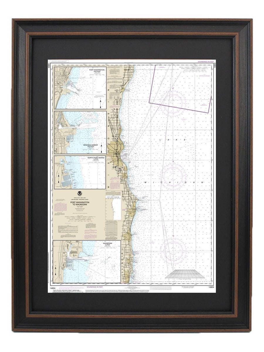 Framed Nautical Chart 14904 - Lake Michigan Port Washington to Waukegan. NOAA 14904. Handmade in the USA.