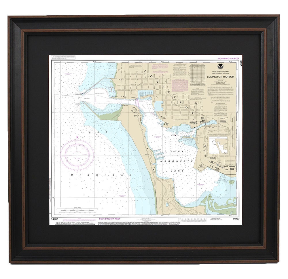 Framed Nautical Chart 14937 - Ludington Harbor. NOAA 14937. Handmade in the USA.