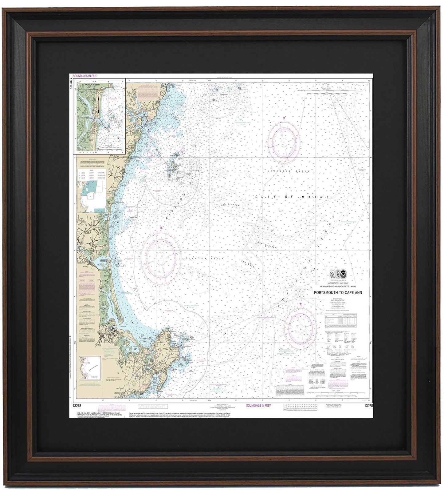 Framed Nautical Chart 13278 - Portsmouth to Cape Anne. NOAA 13278. Handmade in the USA.