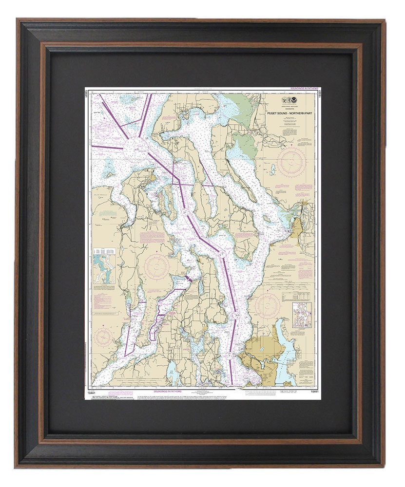 Framed Nautical Chart 18441 - Northern Puget Sound, NOAA 18441. Handmade in the USA.