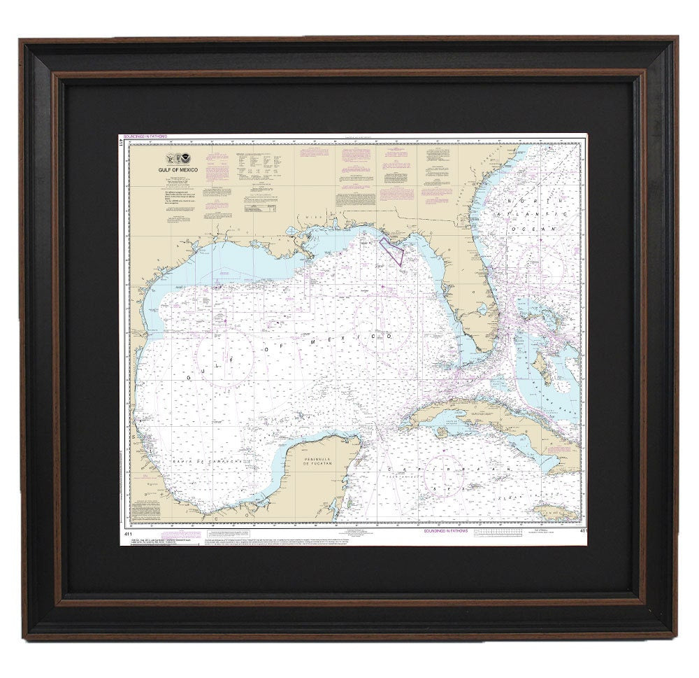 Framed Nautical Chart 411 - Gulf of Mexico. NOAA 411. Handmade in the USA.