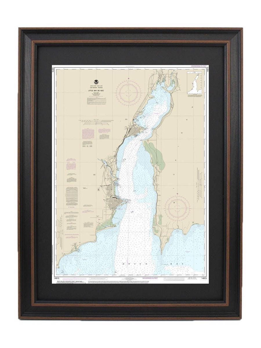 Framed Nautical Chart 14915 - Little Bay de Noc, Lake Michigan. NOAA 14915. Handmade in the USA.