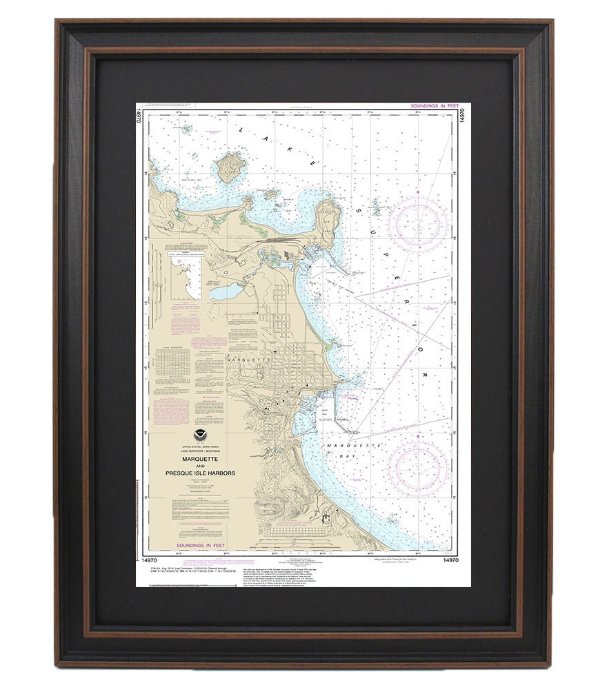 Framed Nautical Chart 14970 - Marquette and Presque Isle Harbors. NOAA 14970. Handmade in the USA.