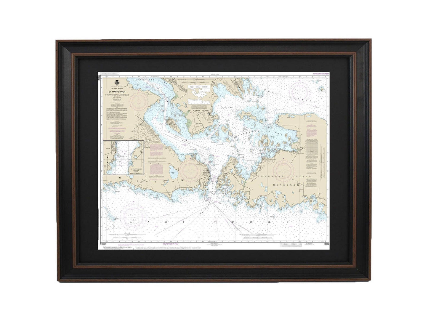 Framed Nautical Chart 14882 - Lake Huron St. Mars River NOAA 14882. Handmade in the USA.