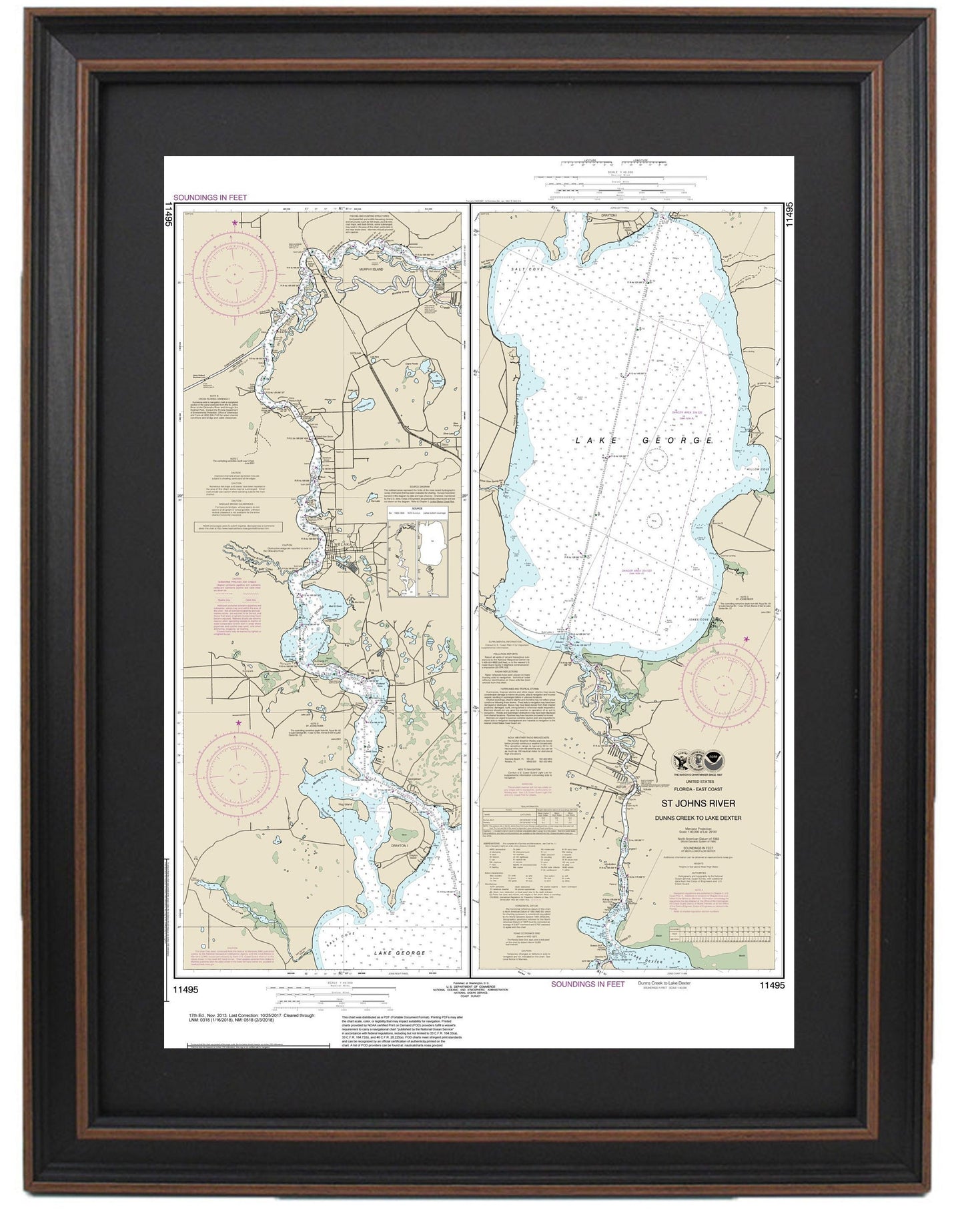 Framed Nautical Chart 11495 - St. Johns River. Dunns Creek to Lake Dexter. NOAA 11495. Handmade in the USA.