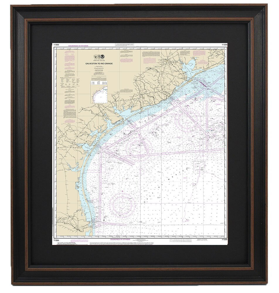 Framed Nautical Chart 11300 - Galveston to Rio Grande. NOAA 11300. Handmade in the USA.
