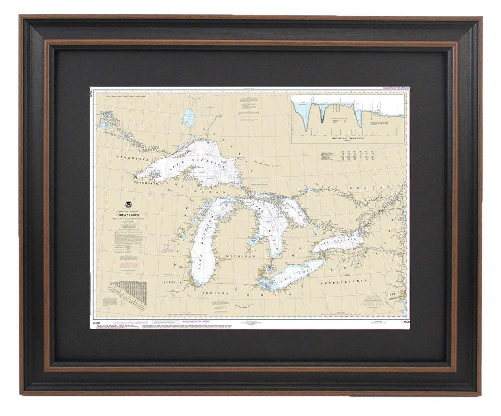 Framed Nautical Chart 14500 - Great Lakes, Lake Champlain to Lake of the Woods. NOAA 14500. Handmade in the USA.