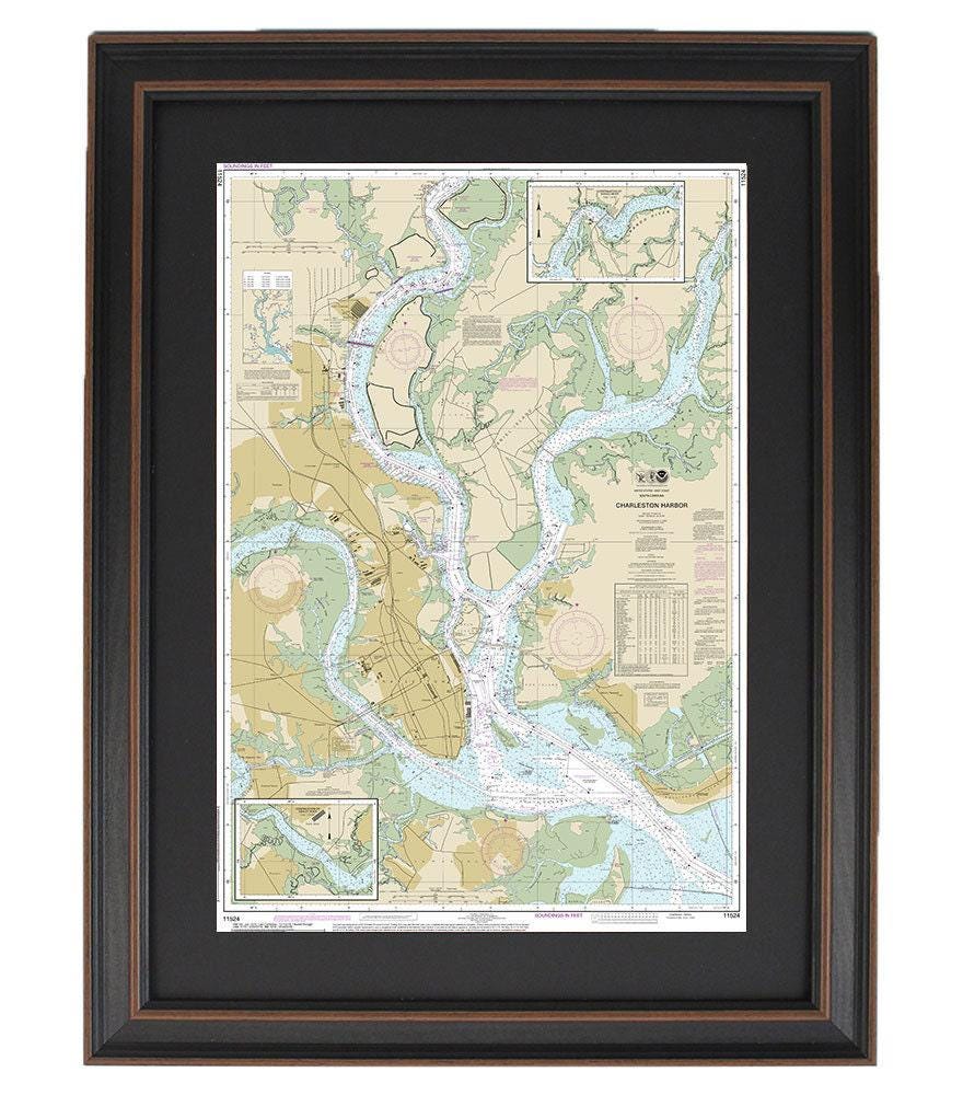 Framed Nautical Chart 11524 - Charleston Harbor. NOAA 11524. Handmade in the USA.