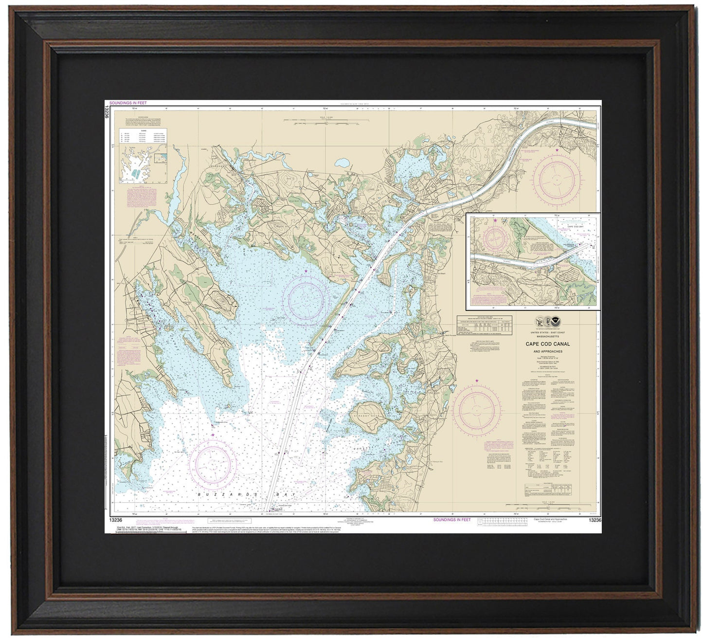 Framed Nautical Chart 13236 - Cape Cod Canal, MA. NOAA 13236. Handmade in the USA.
