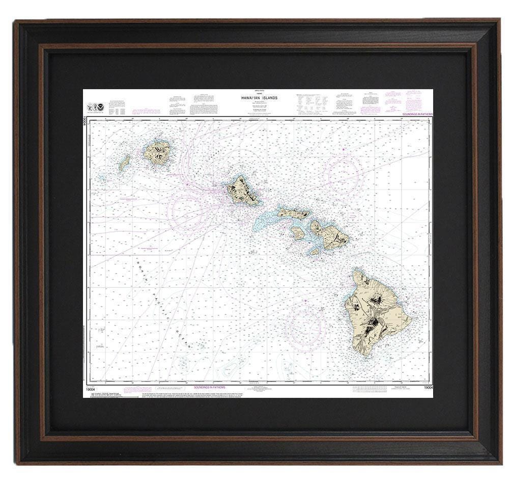 Framed Nautical Chart 19004 - Hawaiian Islands. NOAA 19004. Handmade in the USA.