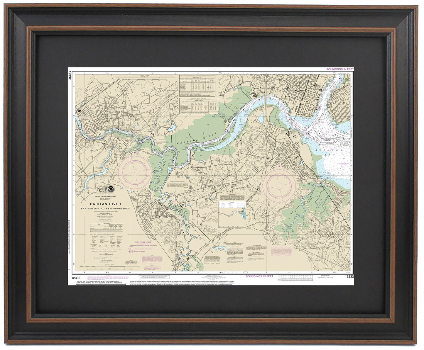 Framed Nautical Chart 12332 - Raritan River, NJ. NOAA 12332. Handmade in the USA.