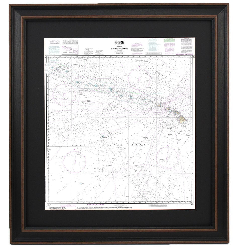Framed Nautical Chart 540 - Hawaiian Islands. NOAA 540. Handmade in the USA.